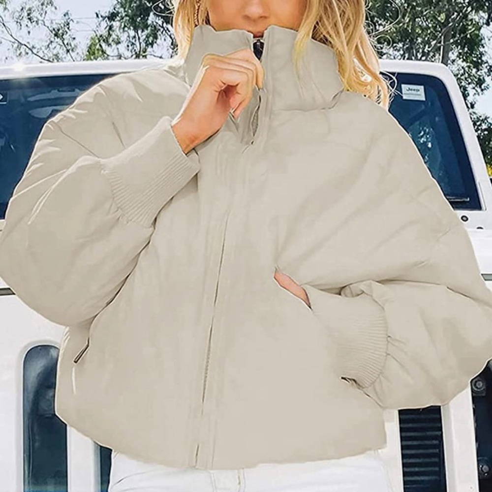 NWT Winter Long Sleeve Zip Puffer Jacket Baggy Short Down Coats( Beige color - Picture 2 of 9